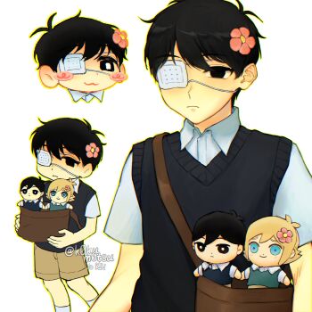 1boy :3 antenna_hair artist_name bag basil_(faraway)_(omori) basil_(omori) black_eyes black_hair black_sweater_vest blush_stickers brown_shorts character_doll closed_mouth collared_shirt doll double-parted_bangs eyepatch hair_between_eyes handbag highres k0kum0tsu male_focus omori shirt short_sleeves shorts smile socks solo spoilers stuffed_toy sunny_(omori) sweater_vest twitter_username white_shirt white_socks