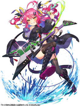 1girl ahoge bat_hair_ornament belt_boots black_jacket boots cable clenched_teeth copyright_name cropped_shirt dygy electric_guitar full_body guitar hair_ornament holding holding_guitar holding_instrument holding_plectrum instrument jacket knee_boots kt._(kaisou-notagui) liquid mahou_tsukai_to_kuroneko_no_wiz midriff off_shoulder official_art pink_hair plectrum simple_background solo standing standing_on_one_leg tachi-e teeth thighhighs v-shaped_eyebrows white_background wristband yellow_eyes