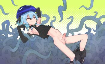1boy absurdres arknights bare_shoulders black_gloves black_tank_top blue_hair blue_hat bottomless closed_mouth commentary commission cum elbow_gloves english_commentary erection feet_out_of_frame from_side gloves halftone halftone_background hat highres male_focus mizuki_(arknights) one_eye_closed orange_eyes pants_around_one_leg penis pshuuu short_hair solo tank_top tentacles trap uncensored variant_set