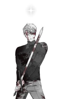 1boy black_shirt blood blood_from_forehead blood_on_clothes blood_on_face blood_on_hands bloody_weapon clenched_hand commentary_request crew_neck disembodied_hand fighting_stance korean_commentary lee_hakhyun looking_at_viewer maga_mok23 male_focus omniscient_reader&#039;s_viewpoint one_eye_closed out_of_frame partially_colored serious shirt short_hair solo spread_legs standing swept_bangs weapon