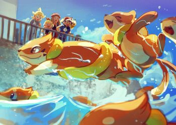 2boys 2girls :d ash_ketchum baseball_cap black_hair blonde_hair blue_jacket bonnie_(pokemon) brown_hair buizel clemont_(pokemon) cloud commentary day dedenne elizabeth_(tomas21) fence floatzel gen_1_pokemon gen_4_pokemon gen_6_pokemon glasses hat highres jacket jumpsuit multiple_boys multiple_girls nintendo on_head open_mouth outdoors pikachu pokemon pokemon_(anime) pokemon_(creature) pokemon_on_head pokemon_xy_(anime) serena_(pokemon) short_sleeves sky smile tongue watching water