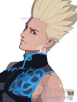 1boy barefoot black_shirt blonde_hair blue_eyes chinese_clothes closed_mouth daimaru_(s29y2c) dated earrings highres jewelry lightning_bolt_earrings lightning_bolt_symbol long_hair looking_at_viewer male_focus mandarin_collar muscular nikaidou_benimaru shirt simple_background sleeveless sleeveless_shirt solo the_king_of_fighters the_king_of_fighters_xv twitter_username v-shaped_eyebrows watermark white_background