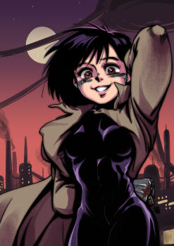 1girl absurdres alita battle_angel_alita black_hair bodysuit brown_eyes chtv cyborg facial_mark faux_retro_artstyle grin highres industrial lips long_coat retro_artstyle short_hair smile solo