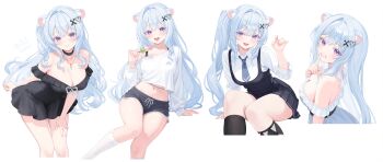 1girl absurdres animal_ears armpit_crease bare_shoulders belt bibixart black_choker black_dress black_shorts black_skirt black_socks bra_strap breasts chain choker cleavage closed_mouth collarbone collared_shirt colored_eyelashes commentary crop_top crop_top_overhang dango dolphin_shorts drawstring dress english_commentary finger_to_mouth food frilled_dress frills from_side grin hair_ornament hand_on_own_thigh hand_up heart heart_hair_ornament highres holding holding_food indie_virtual_youtuber jewelry kneehighs large_breasts leaning_forward long_hair long_sleeves looking_at_viewer looking_to_the_side medium_breasts midriff miniskirt mitsuvu multiple_views navel necklace necktie off-shoulder_dress off_shoulder one_side_up open_mouth pleated_skirt purple_eyes ribbon_choker sanshoku_dango shirt short_dress short_necktie short_shorts shorts shushing side_ponytail sidelocks simple_background sitting skirt skirt_set small_breasts smile socks standing stomach thighs upper_body v-shaped_eyebrows very_long_hair virtual_youtuber wagashi white_background white_choker white_dress white_eyelashes white_hair white_shirt white_socks x_hair_ornament