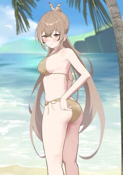 Rule 34 | 1girl, :t, absurdres, alternate costume, ass, beach, bikini, blush, breasts, brown bikini, brown eyes, brown hair, closed mouth, commentary, double-parted bangs, feather hair, high ponytail, highres, hololive, hololive english, long hair, looking at viewer, medium breasts, nanashi mumei, ocean, outdoors, palm tree, ponytail, shift (shiftillust), side-tie bikini bottom, sideboob, solo, split ponytail, standing, string bikini, swimsuit, tree, very long hair, virtual youtuber