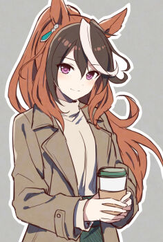 1girl alternate_costume animal_ears blush breasts brown_coat brown_hair closed_mouth coat cup disposable_coffee_cup disposable_cup earrings green_skirt hair_between_eyes holding holding_cup horse_ears horse_girl jewelry long_hair long_sleeves looking_at_viewer mauve multicolored_hair open_clothes open_coat ponytail purple_eyes simple_background single_earring skirt smile streaked_hair sweater symboli_rudolf_(umamusume) umamusume upper_body white_hair