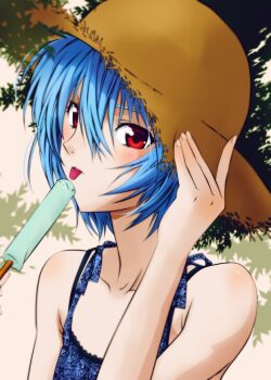 arm_up ayanami_rei bare_shoulders blue_hair colorized food hat ikari_shinji_ikusei_keikaku ikari_shinji_raising_project neon_genesis_evangelion official_art popsicle red_eyes short_hair solo spaghetti_strap straw_hat sun_hat takahashi_osamu third-party_edit tongue