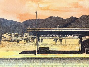 bench building crosshatching hatching hatching_(texture) highres ibsukionsen linear_hatching mountainous_horizon no_humans orange_sky orange_theme original outdoors rural scenery sky thatched_roof traditional_media train_station train_station_platform village