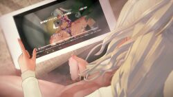 1boy 1girl 3d ahoge animated assisted_masturbation blonde_hair body_writing censored clothed_female_nude_male cum cum_on_object ejaculation handjob highres koikatsu_(medium) kurukuru4500 long_hair looking_at_viewer mosaic_censoring multiple_ejaculations netorare nijisanji nude penis pornography pov purple_eyes shirt small_penis sound sweater tablet_pc tagme takamiya_rion video virtual_youtuber white_shirt
