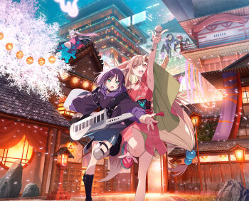 Rule 34 | 3boys, 3girls, animal ears, aqua eyes, aqua hair, aqua kimono, architecture, brown hair, cherry blossoms, cherry tree, east asian architecture, facial mark, flower, forehead mark, hair bobbles, hair flower, hair ornament, hair ribbon, hechima, highres, instrument, japanese clothes, keyboard (instrument), kimono, lantern, legs together, long hair, microphone, multiple boys, multiple girls, open mouth, original, outdoors, pink hair, purple hair, purple kimono, red eyes, red kimono, ribbon, rock, short sleeves, smile, standing, standing on one leg, tail, teeth, thighhighs, two-tone kimono, upper teeth only, very long hair
