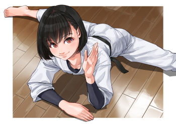 1girl ass barefoot black_hair brown_eyes dougi female_focus flexible karate karate_gi looking_at_viewer nose on_floor original otsu_natsu short_hair solo split stretching