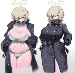 Rule 34 | 1girl, absurdres, belt, black coat, black gloves, blonde hair, blue archive, breasts, brown halo, buttons, cleavage, coat, eyepatch, gloves, greatcoat, green eyes, halo, highres, inhey, large breasts, looking at viewer, navel, one eye covered, open belt, open clothes, open coat, shiny skin, short hair, simple background, skindentation, solo, sports bra, sports panties, suou (blue archive), undressing, white background