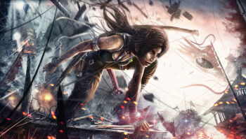 1girl bow_(weapon) brown_eyes brown_hair female_focus fire lara_croft long_hair rain solo tomb_raider tomb_raider_(reboot) weapon