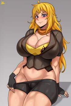 1girl absurdres blonde_hair breasts cameltoe cleavage clothes_pull groin highres jmg large_breasts long_hair navel pulling pulling_own_clothes purple_eyes rwby shorts shorts_pull smile yang_xiao_long