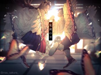 1boy 3girls angel angel_wings animal_print backlighting black_hair black_pants black_skirt black_socks blurry blurry_foreground bug butterfly butterfly_hair_ornament butterfly_print checkered_haori closed_eyes closed_mouth copyright_name dancing demon_slayer_uniform depth_of_field falling_feathers feathers floating_hair flying from_side full_body gradient_hair grin hair_ornament hakama hakama_skirt halo hand_on_another&#039;s_shoulder haori highres holding_hands indoors insect japanese_clothes kamado_tanjirou kimetsu_no_yaiba kochou_kanae kochou_shinobu light_particles long_hair long_sleeves looking_at_another mau_sakura motion_blur multicolored_hair multiple_girls open_mouth pants pleated_skirt profile purple_hair sandals shin_guards shoe_soles shoes short_hair siblings side_ponytail sisters sitting skirt sleeves_past_wrists smile socks sunlight tabi tsuyuri_kanao twitter_username two-tone_hair very_long_hair white_haori white_sandals white_wings wide_sleeves wings zouri