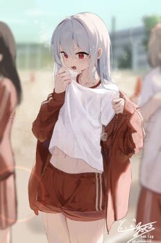 Rule 34 | 1girl, bra visible through clothes, clothes lift, commentary request, cowboy shot, dated, double-parted bangs, fuji sakura, grey hair, gym shirt, gym shorts, gym uniform, hair between eyes, jacket, lifting own clothes, long bangs, long hair, midriff peek, navel, open clothes, open jacket, open mouth, original, people, red eyes, red jacket, red shorts, shirt, shirt lift, short shorts, shorts, signature, solo, standing, steam, steaming body, sweat, track jacket, twitter username, watermark, wet, wet hair, white shirt