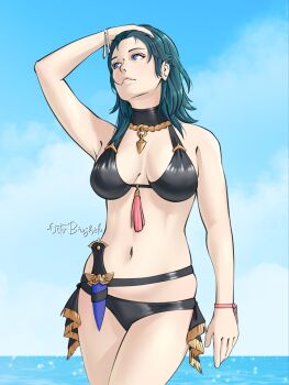 1girl arm_up bikini black_bikini blue_eyes blue_hair blue_sky blush breasts cloud female_byleth_(fire_emblem) female_byleth_(summer)_(fire_emblem) fire_emblem fire_emblem:_three_houses fire_emblem_heroes highres knife looking_up medium_breasts navel nintendo ocean octobrushido official_alternate_costume outdoors parted_lips sheath sheathed sky solo stomach swimsuit thighs water weapon wet wet_hair