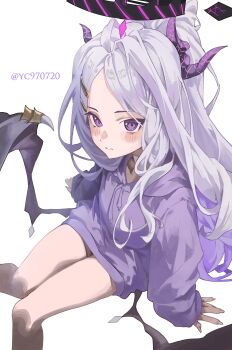 1girl absurdres alternate_costume blue_archive blush closed_mouth commentary_request demon_girl demon_horns demon_wings halo highres hina_(blue_archive) hood hoodie horns korean_commentary looking_at_viewer no_pants purple_eyes purple_halo purple_hoodie simple_background solo white_background wings yc97