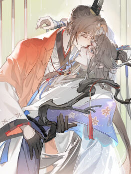 1boy 1girl arm_around_shoulder assertive_female bandage_over_one_eye bandages bead_necklace beads bijia black_gloves blood bloody_bandages blue_eyes blue_tunic branch brown_hair chinese_clothes chinese_commentary closed_eyes closed_mouth coat code:_kite commentary_request couple cowboy_shot curtained_hair daxiushan dong_feng_(code:_kite) gloves green_background guanglingwang hair_ribbon hand_on_another's_back hand_on_own_hip hanfu hetero highres jewelry kiss kissing_eye leaning_back leaning_forward long_hair long_sleeves looking_at_another necklace one_eye_covered orange_coat parted_bangs reverse_trap ribbon robe sash short_hair smile standing surprised tassel topknot tunic very_long_hair waist_sash white_hanfu white_robe wide_sleeves xiao_guan_(headdress) yichun583