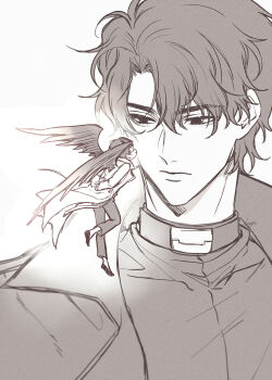 Rule 34 | 2boys, arms behind back, coat, commentary, curtained hair, demon horns, feathered wings, glowing, greyscale, high collar, horns, kim dokja, looking at another, male focus, mikoyuki, mini person, miniboy, monochrome, multiple boys, official alternate costume, omniscient reader's viewpoint, on shoulder, open clothes, open coat, popped collar, size difference, standing, standing on one leg, standing on shoulder, symbol-only commentary, wings, yoo joonghyuk