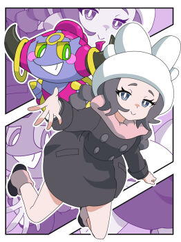 1girl ansha_(pokemon) black_coat black_hair blue_eyes closed_mouth coat colored_sclera eyelashes gen_6_pokemon green_eyes grin hat highres hoopa hoopa_(confined) horns kanbei_(pixiv11037490) legendary_pokemon long_hair long_sleeves looking_at_viewer mythical_pokemon nintendo open_mouth pink_scarf pokemon pokemon_(creature) pokemon_legends:_z-a scarf smile teeth white_hat winter_clothes winter_coat yellow_sclera zoom_layer