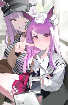 Rule 34 | 1other, 2girls, absurdres, alternate costume, animal ears, black hat, bow, bowtie, closed mouth, ears through headwear, flying sweatdrops, gold ship (umamusume), grin, hat, highres, holding, holding phone, horse ears, horse girl, long hair, long sleeves, looking at viewer, ludus mio, mejiro mcqueen (umamusume), multiple girls, phone, pointing, pointing at another, pov, pov hands, purple eyes, purple hair, shirt, smile, swept bangs, umamusume, white bow, white bowtie, white shirt