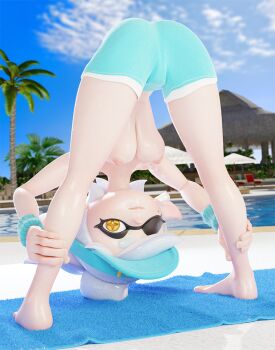 1girl 3d breasts cloud earrings exercising feet female_focus hanging_breasts hat inkling jewelry large_breasts looking_at_viewer marie_(splatoon) mole mole_under_eye nintendo nipples one_eye_closed outdoors palm_tree pool resort shorts sky sleepykeeper smile solo splatoon_(series) sweat tentacle_hair topless_female towel tree upside-down water wet wink yoga