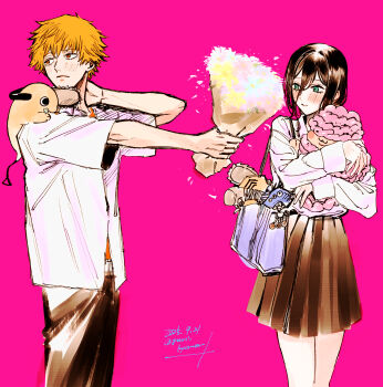 1boy 1girl animal animal_on_shoulder bag beam_(chainsaw_man) black_hair black_pants black_skirt blonde_hair blush bouquet chainsaw chainsaw_man commentary_request cowboy_shot dated denji_(chainsaw_man) flower green_eyes hair_between_eyes hand_on_own_neck highres holding holding_bouquet holding_stuffed_toy looking_to_the_side pants pink_background pochita_(chainsaw_man) reze_(chainsaw_man) shirt short_hair shoulder_bag signature simple_background skirt stuffed_animal stuffed_toy twitter_username typhoon_devil_(chainsaw_man) white_shirt yellow_eyes yuri_kyanon