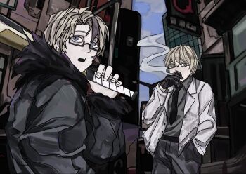 Rule 34 | 2boys, ahoge, america (hetalia), axis powers hetalia, baseball bat, belt, between fingers, black-framed eyewear, black belt, black gloves, black jacket, black necktie, black pants, blonde hair, blue sky, building, cigarette, city, cloud, cloudy sky, collared shirt, covering own mouth, cowboy shot, day, from side, fur-trimmed jacket, fur trim, glasses, gloves, green eyes, grey shirt, hand in pocket, hand up, highres, holding, holding baseball bat, holding cigarette, jacket, kiguchi05, lapels, looking afar, male focus, multiple boys, necktie, open clothes, open jacket, open mouth, outdoors, pants, purple eyes, semi-rimless eyewear, shirt, short hair, sky, smoke, smoking, standing, teeth, united kingdom (hetalia), upper body, white jacket