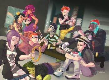 3girls 5boys alternate_costume aqua_lad bald beast_boy_(dc) black_eyes black_hair black_shirt blouse blue_shirt can closed_eyes colored_skin cyborg cyborg_(dc) dark_skin dc_comics dick_grayson domino_mask donna_troy eating eye_mask fedora food forehead_jewel garfield_logan garth green_eyes green_hair green_skin grey_skin hand_on_own_hip hat high_heels hood hoodie instrument kid_flash lap_pillow mask microphone multiple_boys multiple_girls one_eye_closed onigiri orange_hair orange_skin pleated_skirt pocky polka_dot polka_dot_skirt purple_hair raven_(dc) red_hair rice robin_(dc) roy_harper shirt shoes shorts skirt skull_and_crossbones smile solid_eyes speedy star_(symbol) star_print starfire striped_clothes striped_shirt sushi table tambourine teen_titans thighhighs victor_stone wally_west white_footwear wink wonder_girl