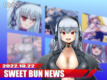 1girl :d alternate_breast_size_(larger) alternate_costume black_flower black_hairband black_jacket black_ribbon black_rose black_wings blazer breaking_news breasts choker cleavage commentary_request feathered_wings flower grey_choker grey_hair hair_ribbon hairband highres huge_breasts itini-sanshi jacket lolita_hairband long_hair looking_at_viewer news open_mouth red_eyes reporter ribbon rose rozen_maiden smile solo suigintou teeth upper_body upper_teeth_only wings