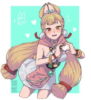 &gt;_&lt; 1girl alice_thymefield animal_ears ariamikukanzaki blonde_hair blunt_tresses bow braid breasts choker cleavage commentary cowboy_shot cropped_legs dress hair_ornament hairband heart heart_hands heterochromia large_breasts long_hair low-tied_long_hair low_twin_braids low_twintails rabbit_ears rabbit_girl rabbit_tail red_eyes signature solo sphere_hair_ornament strapless strapless_dress tail twin_braids twintails white_choker white_dress white_hairband yellow_eyes zenless_zone_zero