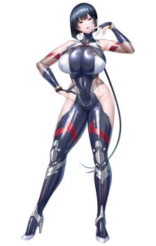 1girl arm_up bare_shoulders bob_cut bodysuit bracelet breasts colorized curvy earrings fingerless_gloves fingernails full_body gloves gold_bracelet gold_earrings hand_on_own_hip high_heels highres huge_breasts impossible_bodysuit impossible_clothes jewelry large_breasts lilith-soft lips looking_at_viewer looking_back low_ponytail medium_hair open_mouth ponytail purple_eyes revealing_clothes ribbon_trim ryuuzen_tomoko bad_tag shiny_skin short_hair sian smile solo standing taimanin_(series) taimanin_rpgx taimanin_suit transparent_background wide_hips