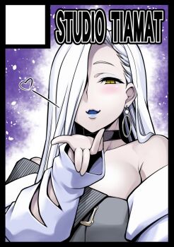 1girl bare_shoulders blowing_kiss blue_lips blush breasts choker circle_cut dress earrings eyeliner fang fate/grand_order fate_(series) grey_dress hair_over_one_eye hoop_earrings jacket jewelry large_breasts long_hair long_sleeves looking_at_viewer makeup mrs._snake_(fate) off_shoulder smile solo sweater sweater_dress tanabe_(studio_tiamat) white_hair white_jacket yellow_eyes