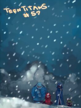 3boys beanie beast_boy_(dc) cartoon_network cloak colored_skin copyright_name cyborg cyborg_(dc) dark_skin dc_comics dick_grayson domino_mask eye_mask garfield_logan goggles green_skin hat hood jacket male_focus mask multiple_boys raven_(dc) robin_(dc) scarf snow teen_titans victor_stone