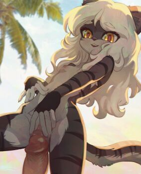 1girl :3 :d adversarial_noise amalia_(butterchalk) amalia_(clara_(roringclara)) assertive_female blush borrowed_character breasts butterchalk completely_nude film_grain furry furry_female furry_with_non-furry highres imminent_penetration imminent_vaginal interspecies loli long_hair looking_at_viewer multicolored_fur navel nipples nude open_mouth orange_eyes original outdoors palm_tree penis pussy small_breasts smile solo_focus spread_pussy standing striped_fur tail tree uncensored vaginal white_hair