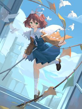 1girl :d absurdres aqua_eyes blue_skirt blue_sky blue_vest bow brown_hair brown_jacket clothesline cloud drying drying_clothes flutterpage full_body hair_bow highres holding holding_rod jacket leg_up looking_at_viewer miniskirt open_mouth reverse:1999 rod shirt short_hair simple_bird skirt sky smile socks solo vest white_bow white_shirt white_socks window xiaoniaoyou_qing