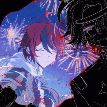 Rule 34 | 2boys, ^ ^, absurdres, ahoge, aotsuki eito, black hair, blood, blood from mouth, blood on face, blue eyes, chinese commentary, closed eyes, commentary request, fireworks, grey jacket, hair between eyes, highres, hood, hood down, hoodie, jacket, jacket over hoodie, last defense academy school uniform, male focus, mizongwenwu, multicolored hair, multiple boys, open clothes, open jacket, red hair, ripples, school uniform, short hair, smile, spoilers, streaked hair, sumino takumi, the hundred line -last defense academy-, two-tone hair, white hoodie