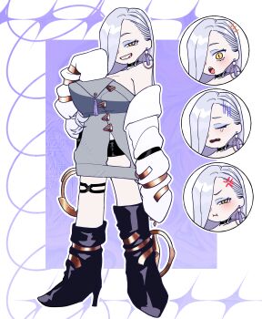 1girl absurdres bare_shoulders black_boots blue_lips boots breasts choker cleavage dress earrings eyeliner fate/grand_order fate_(series) full_body grey_dress hair_over_one_eye highres hiyayaako hoop_earrings jacket jewelry large_breasts long_hair long_sleeves looking_at_viewer makeup mrs._snake_(fate) multiple_views off_shoulder panty_&amp;_stocking_with_garterbelt parody smile style_parody sweater sweater_dress tassel thigh_boots white_hair white_jacket yellow_eyes