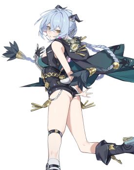 1girl absurdres animal_ears awe_(adorableduckyy) bare_shoulders black_cloak black_horns black_leotard blue_hair braid breasts cloak crossed_bangs from_side goat_ears hair_between_eyes hand_up highres hood hood_down hooded_cloak horns kneepits leotard light_blush long_hair looking_at_viewer looking_to_the_side lucia_elowen mechanical_arms mechanical_hands medium_breasts open_mouth sidelocks simple_background single_mechanical_arm single_mechanical_hand solo thighs underbutt white_background yellow_eyes zenless_zone_zero