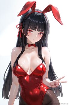 1girl alternate_costume animal_ear_hairband animal_ears bare_shoulders black_choker black_hair black_pantyhose breasts bright_pupils chisa_(wuthering_waves) choker cleavage closed_mouth collarbone commentary covered_navel english_commentary fake_animal_ears fingernails grey_background hair_ribbon hairband highres leotard long_hair looking_at_viewer medium_breasts mole mole_under_eye nail_polish narijade paid_reward_available pantyhose patreon_username pink_nails rabbit_ear_hairband rabbit_ears red_eyes red_leotard red_ribbon ribbon simple_background smile solo upper_body v white_pupils wuthering_waves