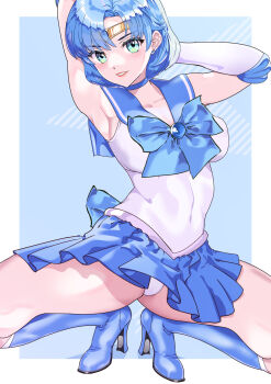 1girl absurdres arion_canvas armpits back_bow bishoujo_senshi_sailor_moon blue_boots blue_choker blue_eyes blue_hair blue_sailor_collar blue_skirt boots bow breasts choker covered_navel diadem earrings elbow_gloves gloves high_heel_boots high_heels highres inner_senshi jewelry large_breasts leotard leotard_peek looking_at_viewer magical_girl miniskirt mizuno_ami sailor_collar sailor_mercury sailor_senshi sailor_senshi_uniform skirt smile solo spread_legs squatting upskirt white_gloves white_leotard