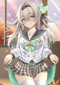 1girl autumn_leaves black_hairband black_ribbon blush bow bowtie buttons clothes_lift collared_shirt commentary_request double-breasted firefly_(honkai:_star_rail) firefly_(spring_missive)_(honkai:_star_rail) gradient_eyes gradient_hair green_bow green_bowtie green_pupils grey_hair grey_sailor_collar grey_skirt hair_between_eyes hair_intakes hair_ornament hair_ribbon hairband highres honkai:_star_rail honkai_(series) leaf long_hair multicolored_eyes multicolored_hair nanahoshi11456 open_mouth plaid_bow plaid_bowtie plaid_clothes pleated_skirt ribbon sailor_collar shirt skirt skirt_lift smile solo teeth thighhighs white_shirt white_thighhighs