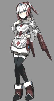 1girl bare_shoulders black_thighhighs blue_eyes breasts fairy_leviathan_(mega_man) forehead_jewel full_body grey_background helmet highres large_breasts mega_man_(series) mega_man_x_(series) mega_man_x_dive mega_man_zero_(series) off-shoulder_sweater off_shoulder official_alternate_costume raica_(khongbautroi) red_helmet simple_background solo sweater thighhighs white_sweater