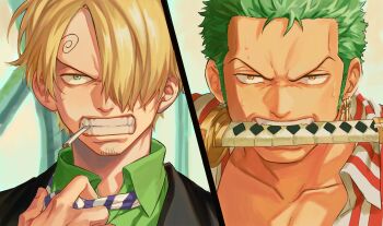 2boys absurdres blonde_hair cigarette collarbone collared_shirt commentary curly_eyebrows derivative_work earrings english_commentary facial_hair goatee_stubble green_eyes green_hair green_shirt hair_over_one_eye highres jennyandloiryan jewelry male_focus mouth_hold multiple_boys necktie one_piece roronoa_zoro sanji_(one_piece) screenshot_redraw shirt short_hair sideburns smoking split_screen striped_clothes striped_necktie striped_shirt stubble sword_in_mouth teeth_hold v-shaped_eyebrows yellow_eyes
