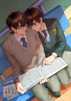 2boys ace_of_diamond black-framed_eyewear blazer blue_necktie book brown_eyes brown_hair collared_shirt commentary_request from_above glasses grey_pants grey_sweater heise_wanbaolu holding jacket looking_at_another male_focus miyuki_kazuya multiple_boys necktie on_bench pants pointing rectangular_eyewear sawamura_eijun shirt short_hair sitting sweater white_shirt yaoi