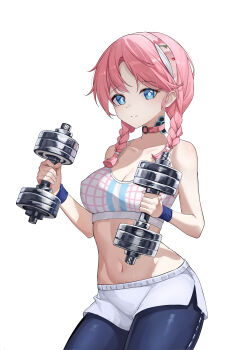 1girl absurdres arknights bare_arms bare_shoulders blue_eyes blue_poison_(arknights) blue_poison_(shoal_beat)_(arknights) braid breasts bright_pupils cleavage closed_mouth collar collarbone commentary_request cowboy_shot dai_mao_xuan_yi derivative_work dolphin_shorts double_dumbbell_pose_(han-0v0) dumbbell hairband highres holding holding_dumbbell large_breasts leggings_under_shorts long_hair looking_at_viewer navel official_alternate_costume pink_collar pink_hair pink_hairband pink_sports_bra shorts simple_background solo sports_bra stomach twin_braids white_background white_shorts