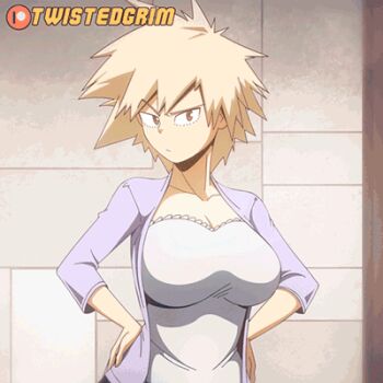10s 1girl animated animated_gif artist_name bakugou_mitsuki black_bra black_hair blonde_hair blouse boku_no_hero_academia bouncing_breasts bra breast_hold breasts cleavage clothes_pull eyes_visible_through_hair female_focus flashing hands_on_own_hips huge_breasts large_breasts looking_at_viewer lowres mature_female naughty_face pulling_own_clothes shirt smile solo spiked_hair standing twistedgrim underwear undressing white_shirt