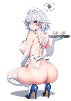 Rule 34 | 1girl, absurdres, apron, ass, blue eyes, blue shoes, blush, braid, breasts, closed mouth, commentary, cup, elbow gloves, embarrassed, from behind, gloves, grey hair, high heels, highres, holding, holding tray, izayoi sakuya, large breasts, leo23, long hair, looking at viewer, looking back, maid headdress, naked apron, no panties, pumps, ring light reflection, shoes, simple background, solo, spoken squiggle, squatting, squiggle, stiletto heels, sweatdrop, teacup, thighhighs, touhou, tray, twin braids, white background, white gloves, white thighhighs