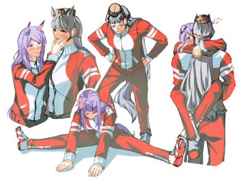 2girls anger_vein animal_ears aqua_bow arms_around_neck assisted_stretching blunt_bangs blush bow breasts carrying carrying_person closed_eyes closed_mouth commentary ear_bow gold_ship_(umamusume) grey_hair hand_on_another&#039;s_cheek hand_on_another&#039;s_face hat horse_ears horse_girl horse_tail jacket lampy_uikoko long_hair long_sleeves mejiro_mcqueen_(umamusume) multiple_girls open_mouth pants pillbox_hat purple_eyes purple_hair red_jacket red_pants red_track_suit shoes smile stretching tail tracen_training_uniform track_jacket track_pants track_suit umamusume yuri